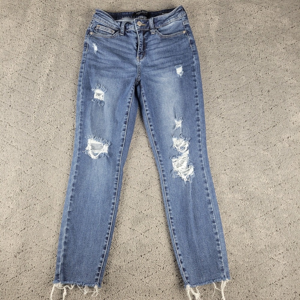 Judy Blue Jeans Womens 3/26 Blue Relaxed Fit Distressed Raw Hem Stretch Denim
